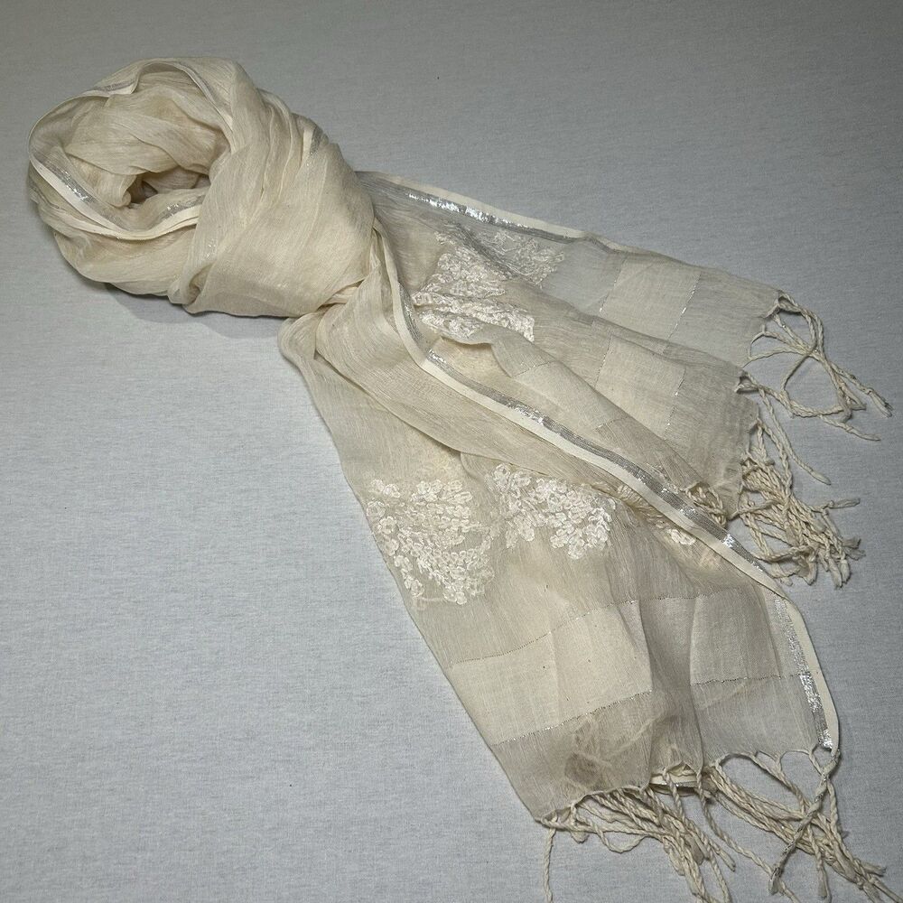 Bouroulitis Cotton and Silk Scarf in Cream, metallic, embroidery, fringe